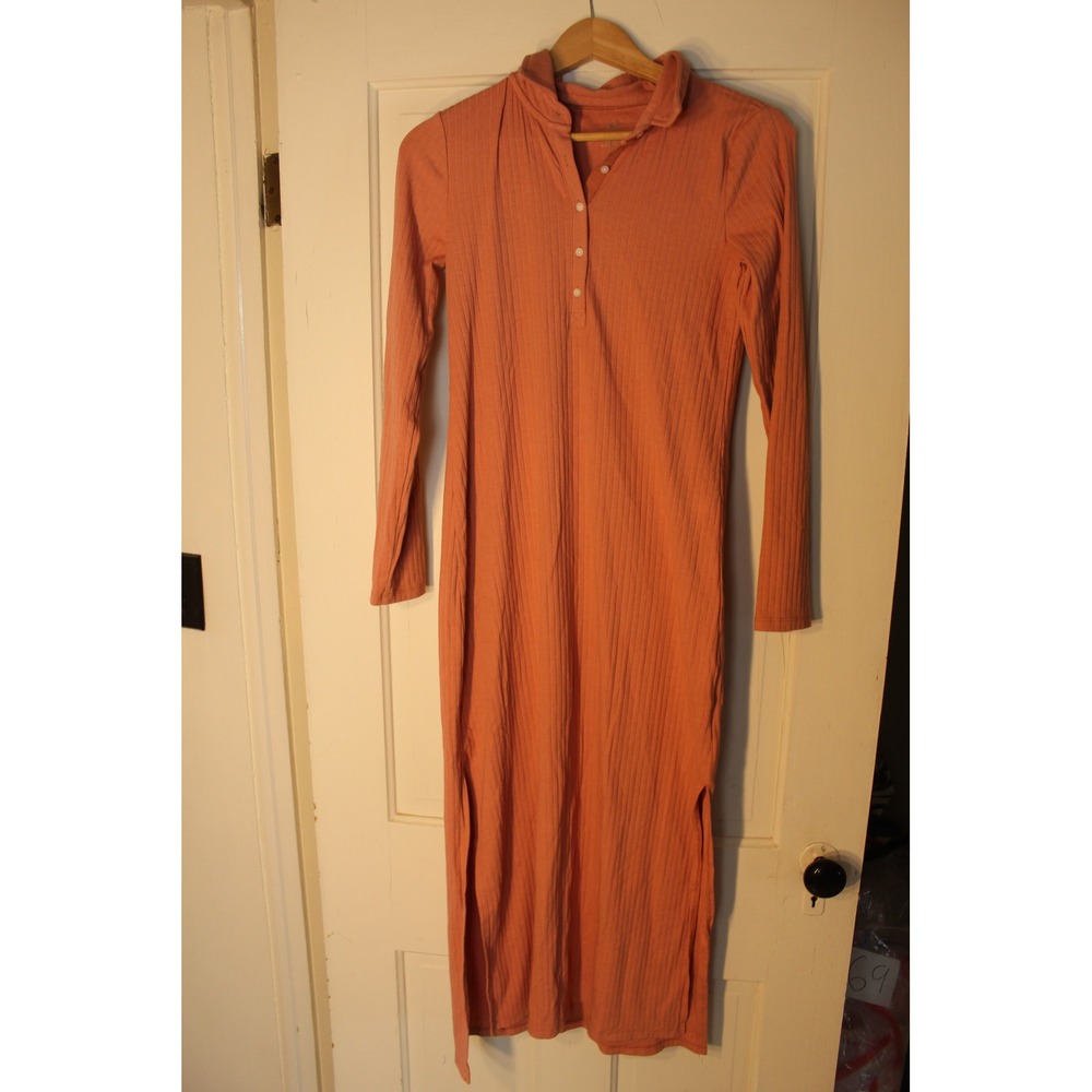 Aerie ribbed Henley long collared dress women's M‎ coral casual midi slit